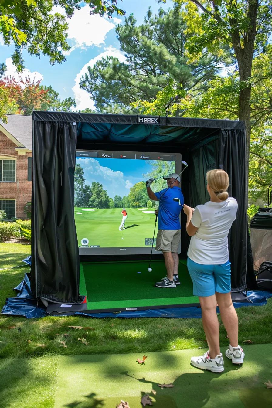 Portable golf simulator setup in a backyard, featuring a man preparing to swing a club at a virtual golf course displayed on a large screen, while a woman observes, emphasizing outdoor event entertainment and golf simulation experience.