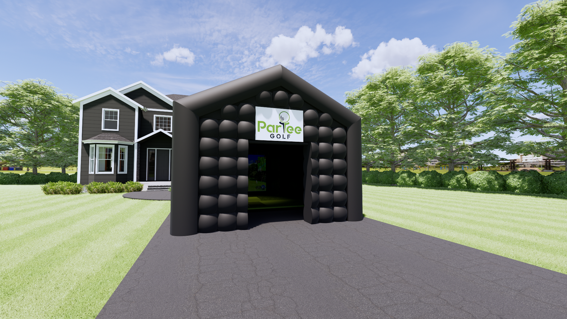Outdoor golf simulator setup with blackout tent
