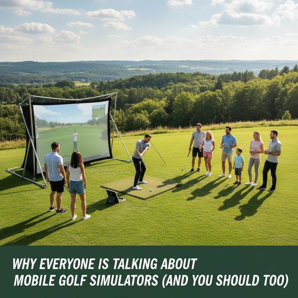Group of people watching a golfer using a mobile golf simulator on a sunny day in a scenic outdoor setting, highlighting the accessibility and enjoyment of golf technology.