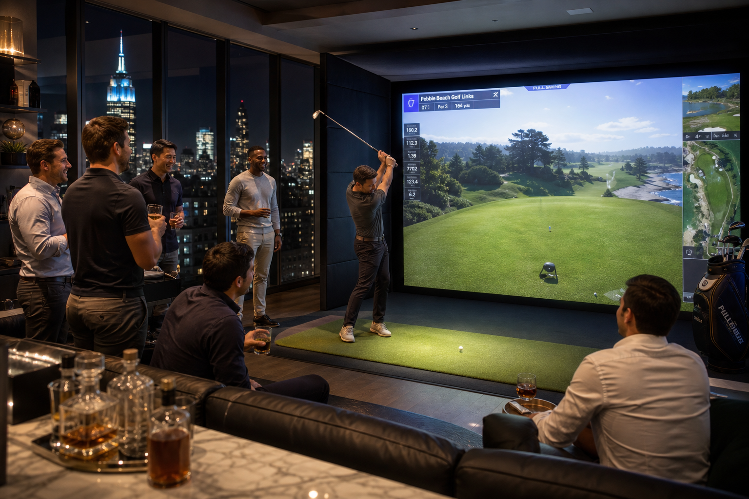 Group of men enjoying a golf simulator experience at a bachelor party in NYC