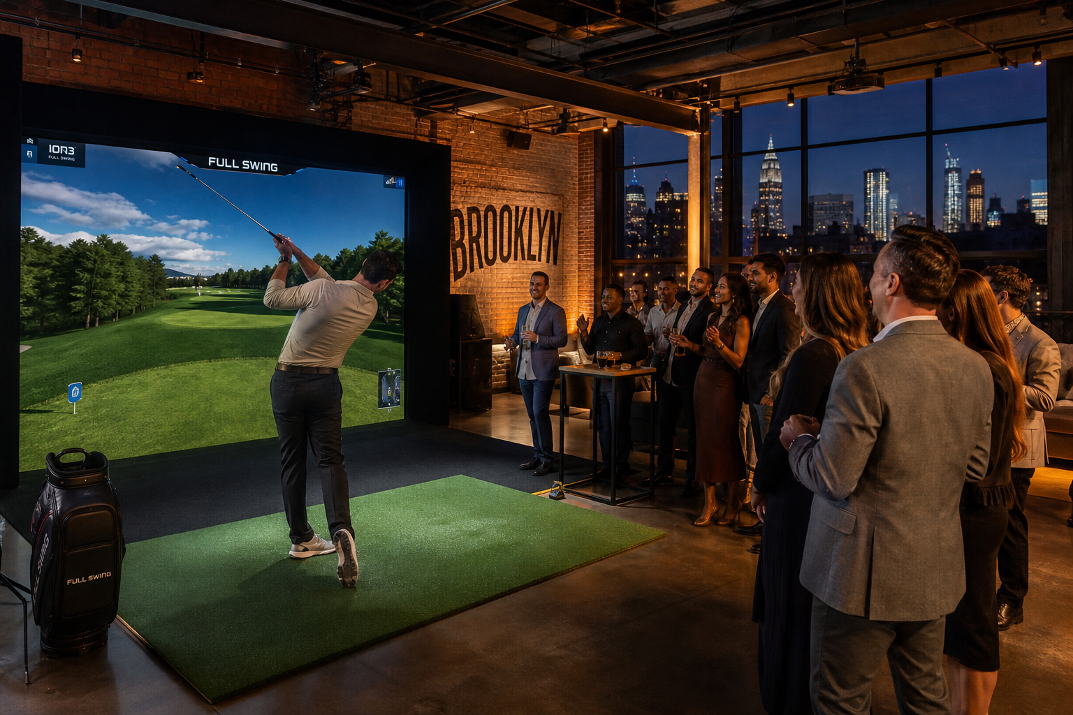 Golf simulator in Brooklyn venue with player swinging club