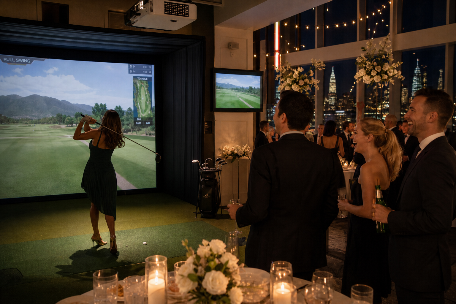 Woman swinging golf club at a portable golf simulator during a wedding reception, with guests enjoying the interactive experience in a stylish venue.